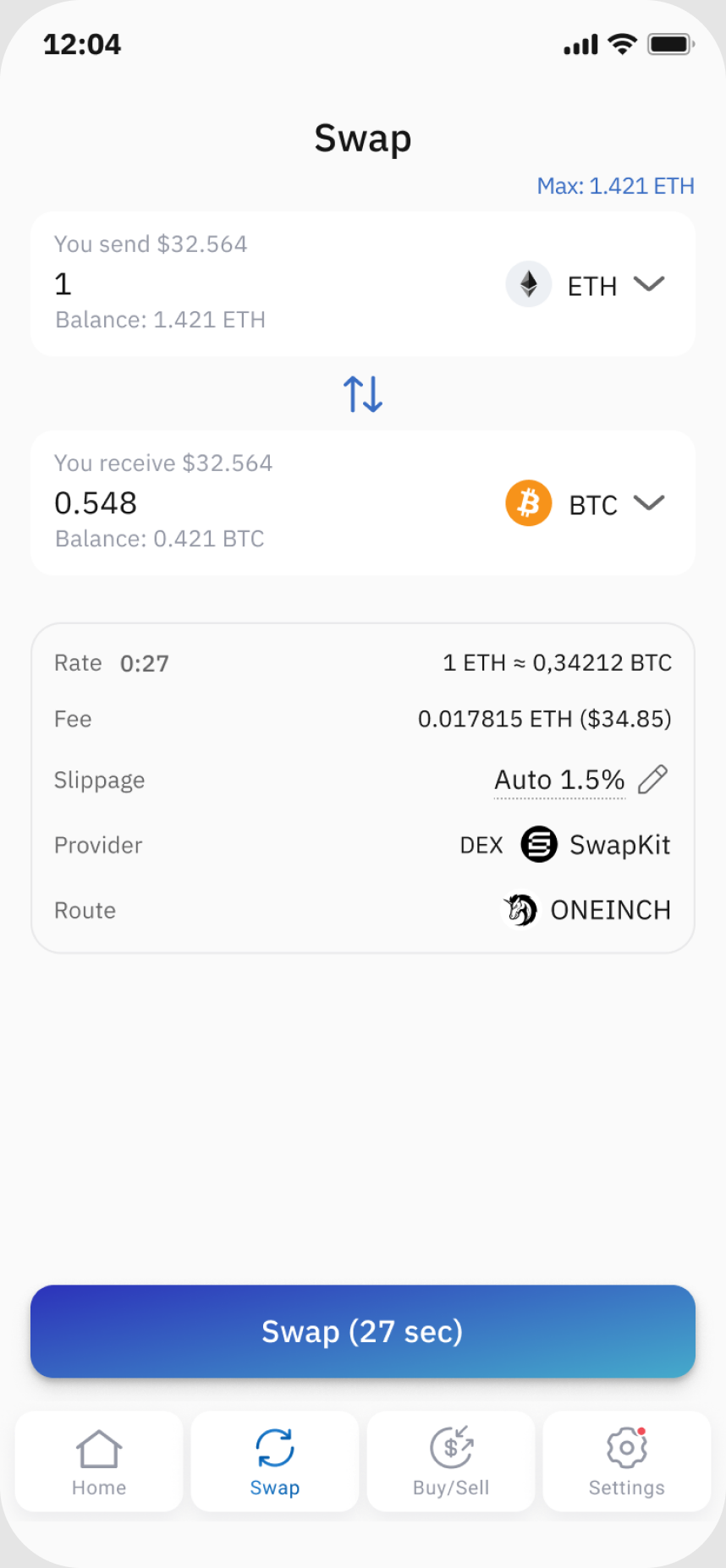 Экран обмена SWAP в IronWallet